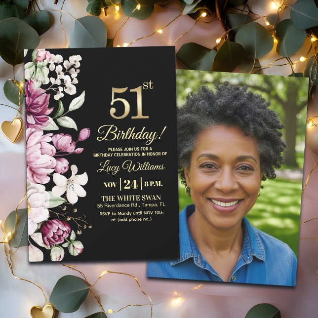 Elegant Floral Gold 51 Birthday Photo Invitation (Creator Uploaded)