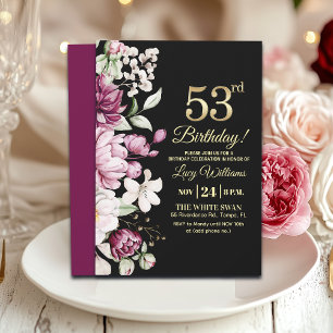 Elegant Floral Gold 53 Birthday Party Invitation