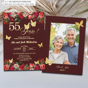 Elegant Floral Gold 55th Wedding Anniversary Photo Invitation