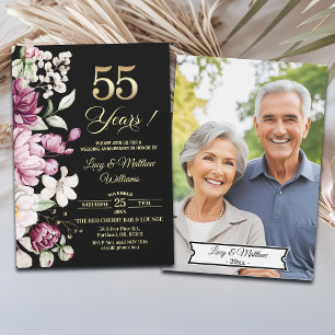 Elegant Floral Gold 55th Wedding Anniversary Photo Invitation