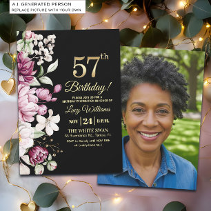 Elegant Floral Gold 57 Birthday Photo Invitation
