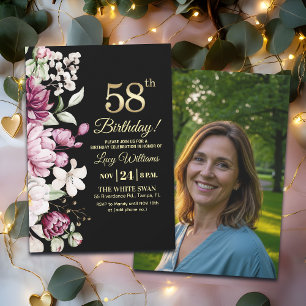 Elegant Floral Gold 58 Birthday Photo Invitation
