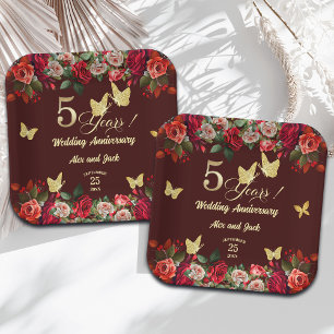 Elegant Floral Gold 5th Wedding Anniversary Paper Plate
