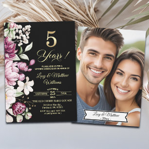 Elegant Floral Gold 5th Wedding Anniversary Photo Invitation