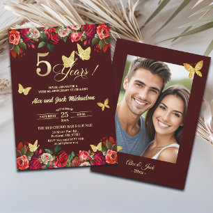 Elegant Floral Gold 5th Wedding Anniversary Photo Invitation
