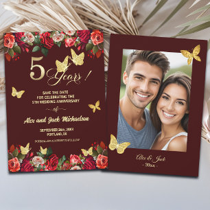 Elegant Floral Gold 5th Wedding Anniversary Photo Save The Date