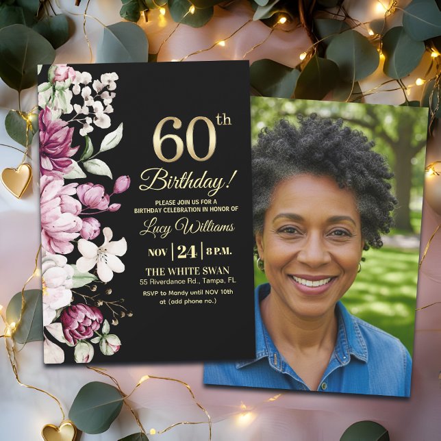 Elegant Floral Gold 60 Birthday Photo Invitation (Creator Uploaded)