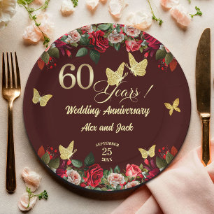 Elegant Floral Gold 60th Wedding Anniversary  Paper Plate