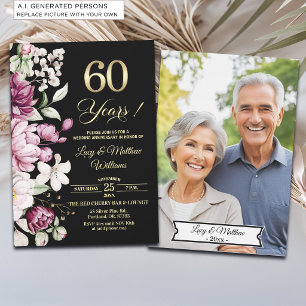 Elegant Floral Gold 60th Wedding Anniversary Photo Invitation
