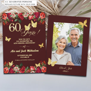 Elegant Floral Gold 60th Wedding Anniversary Photo Save The Date