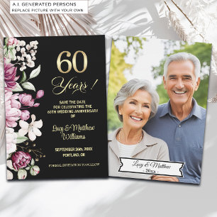 Elegant Floral Gold 60th Wedding Anniversary Photo Save The Date