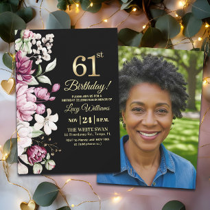 Elegant Floral Gold 61 Birthday Photo Invitation