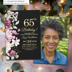 Elegant Floral Gold 65 Birthday Photo Invitation