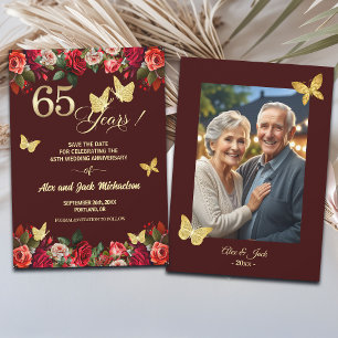 Elegant Floral Gold 65th Wedding Anniversary Photo Save The Date