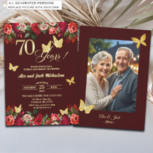 Elegant Floral Gold 70th Wedding Anniversary Photo Invitation