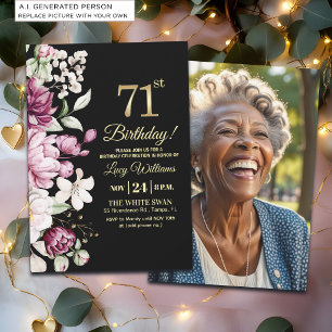 Elegant Floral Gold 71 Birthday Photo Invitation