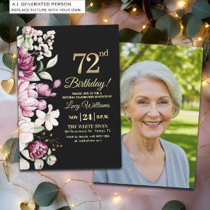 Elegant Floral Gold 72 Birthday Photo Invitation