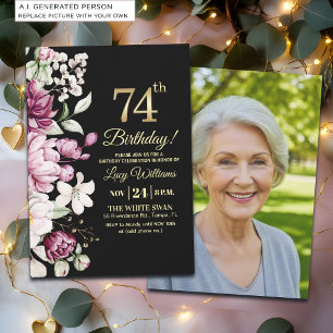 Elegant Floral Gold 74 Birthday Photo Invitation