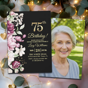 Elegant Floral Gold 75 Birthday Photo Invitation