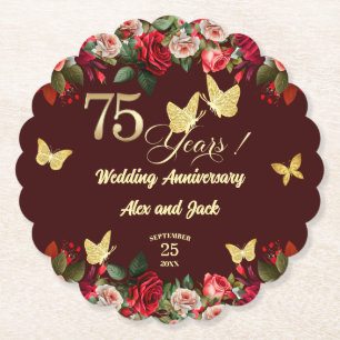 Elegant Floral Gold 75th Wedding Anniversary Paper Coaster