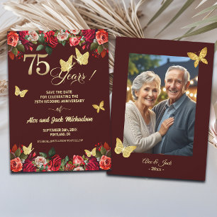 Elegant Floral Gold 75th Wedding Anniversary Photo Save The Date