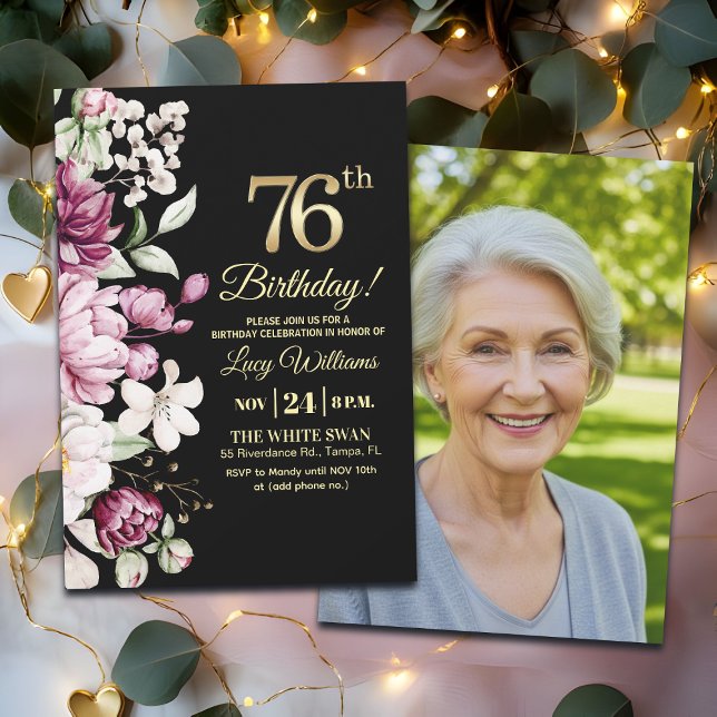 Elegant Floral Gold 76 Birthday Photo Invitation (Creator Uploaded)