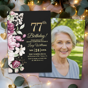 Elegant Floral Gold 77 Birthday Photo Invitation