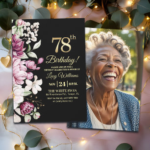 Elegant Floral Gold 78 Birthday Photo Invitation
