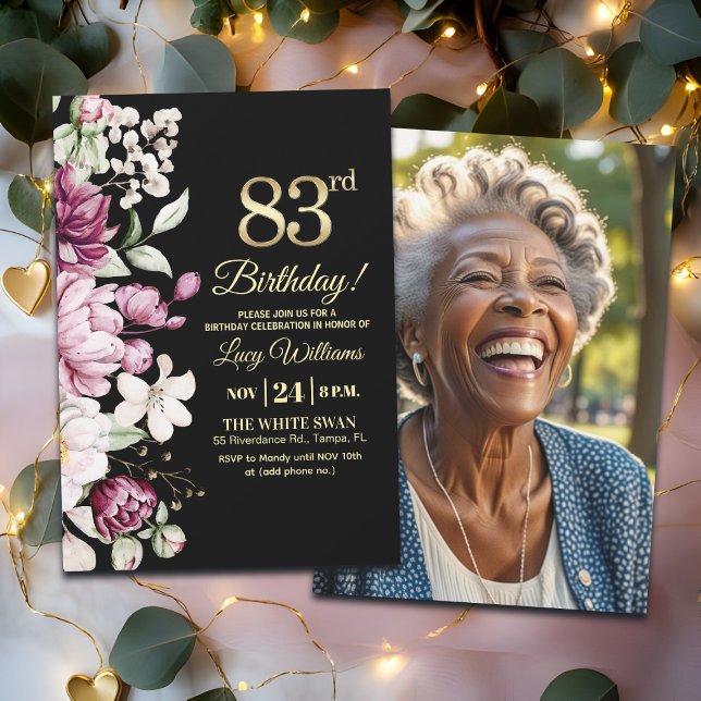 Elegant Floral Gold 83 Birthday Photo Invitation (Creator Uploaded)