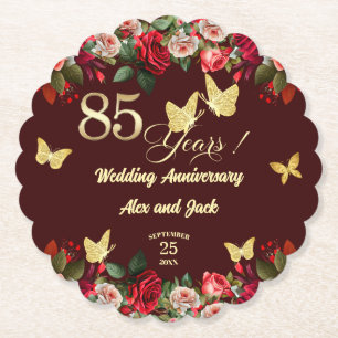 Elegant Floral Gold 85th Wedding Anniversary Paper Coaster