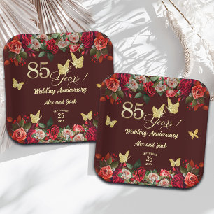 Elegant Floral Gold 85th Wedding Anniversary Paper Plate