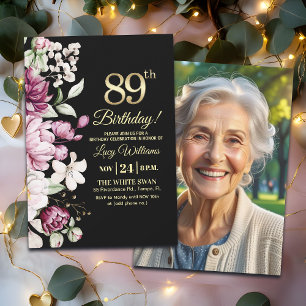 Elegant Floral Gold 89 Birthday Photo Invitation