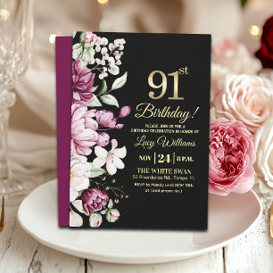 Elegant Floral Gold 91 Birthday Party Invitation