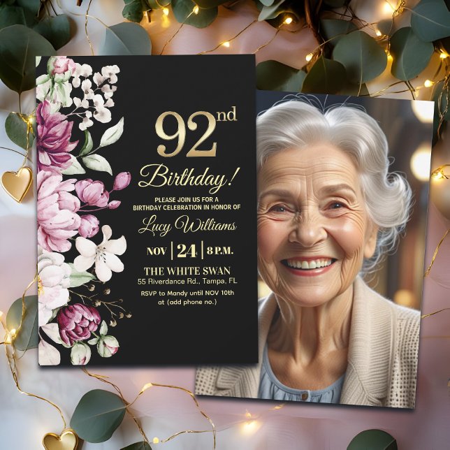 Elegant Floral Gold 92 Birthday Photo Invitation (Creator Uploaded)