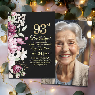 Elegant Floral Gold 93 Birthday Photo Invitation