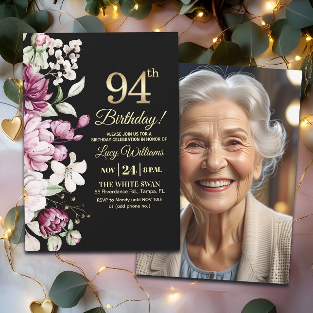 Elegant Floral Gold 94 Birthday Photo Invitation (Creator Uploaded)