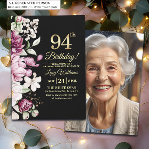 Elegant Floral Gold 94 Birthday Photo Invitation