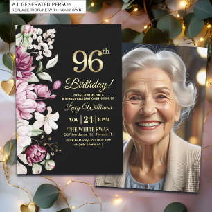Elegant Floral Gold 96 Birthday Photo Invitation