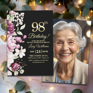 Elegant Floral Gold 98 Birthday Photo Invitation