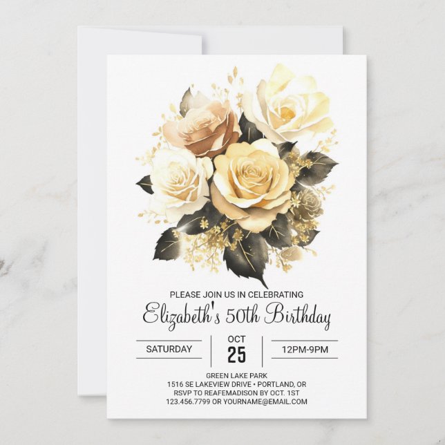 Elegant Floral Gold and Black 50th Birthday Invitation (Front)