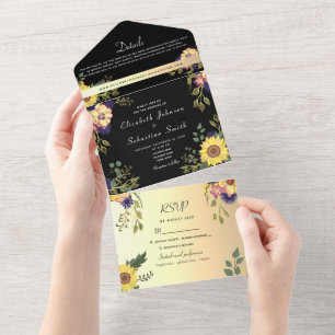 Elegant Floral Gold and Black Wedding All In One Invitation