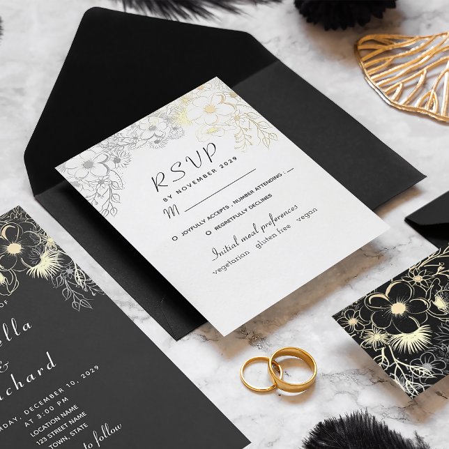 Elegant Floral Gold Black and White Wedding RSVP Card (Creator Uploaded)