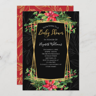 Elegant Floral Gold Black Christmas Baby Shower Invitation