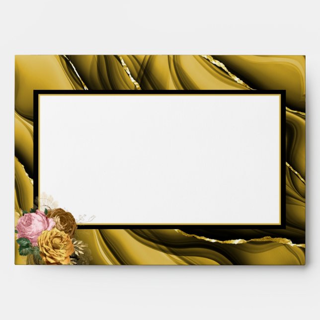 Elegant Floral Gold Black Wedding  Envelope (Front)