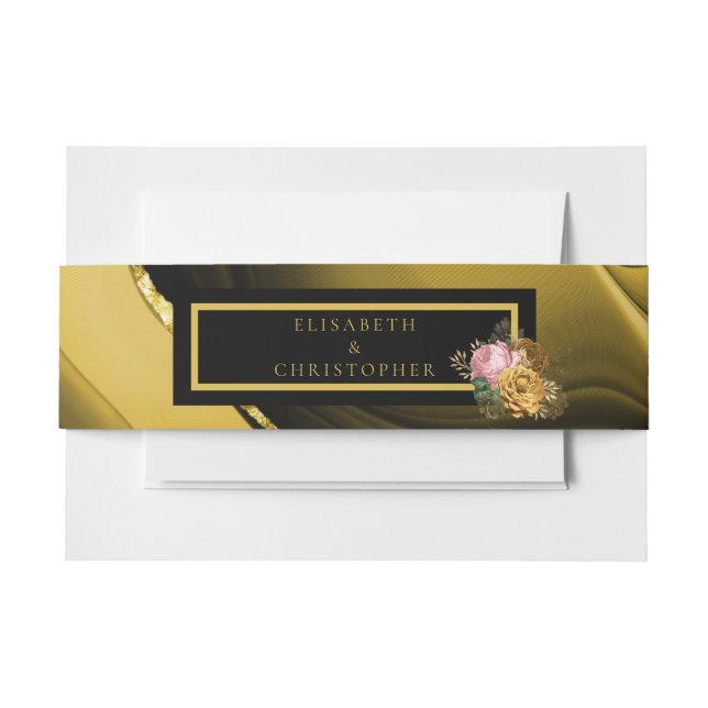 Elegant Floral Gold Black Wedding Invitation Belly Band (Front Example)