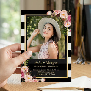 Elegant Floral Gold Black White Stripes Graduation Announcement
