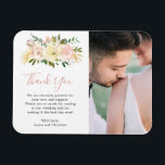 Elegant Floral Gold Blush Pink Photo Wedding Favou Magnet<br><div class="desc">Romantic floral wedding favour magnet featuring "Thank You" in an elegant script and watercolor flowers in blush pink, dusty rose, champagne and ivory along with gold accent pieces. Below is your personalised message and to the right is your favourite photo. These elegant thank you magnets make useful wedding favours and...</div>