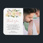 Elegant Floral Gold Blush Pink Photo Wedding Favou Magnet<br><div class="desc">Romantic floral wedding favour magnet featuring "Thank You" in an elegant script and watercolor flowers in blush pink, dusty rose, champagne and ivory along with gold accent pieces. Below is your personalised message and to the right is your favourite photo. These elegant thank you magnets make useful wedding favours and...</div>