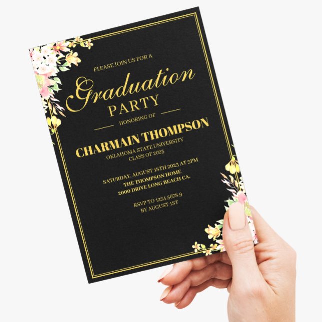 Elegant Floral Gold Border Formal Black Graduation Invitation (Creator Uploaded)