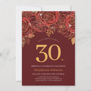 Elegant Floral Gold Burgundy 30th Birthday Invitation